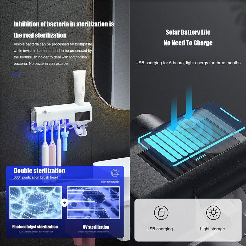 Solar Energy UV Toothbrush Sterilizer Holder Automatic Toothpaste Dispenser