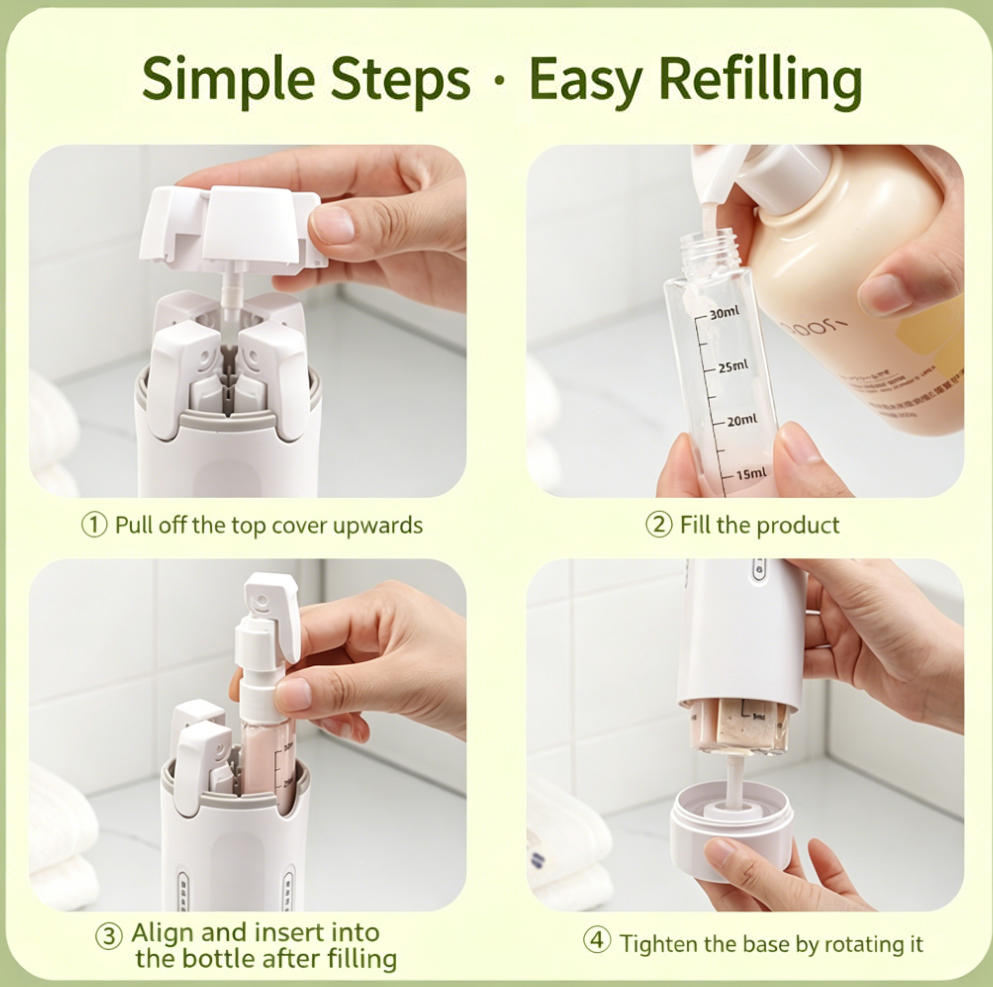 ✈️🧴 4-in-1 Travel Dispenser Bottle | Refillable Liquid Storage Set