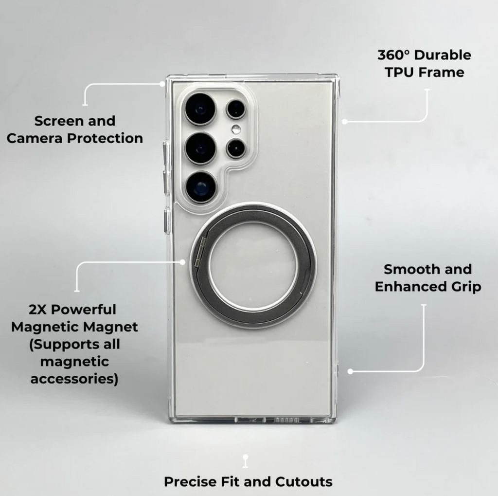 🧲💎 360° Clear Samsung Galaxy Case | Magnetic Cover with Phone Stand